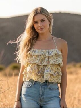 She + Sky Floral Ruffle Tiered Halter Crop Top Cottagecore Prairie festival boho